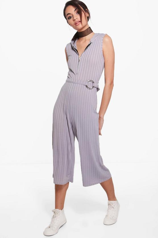 Sofia Zip Front Hooded Ribbed Jumpsuit